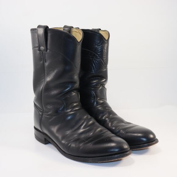 Justin 3133 Black Leather Roper Boots Made in USA Size 9D - Picture 1 of 6